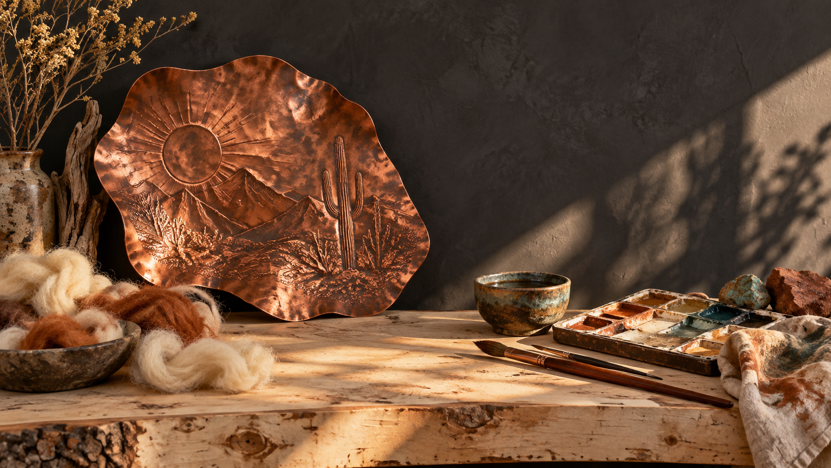 Illustrative composition of copperwork, wool, brushes and pigment on a worktable